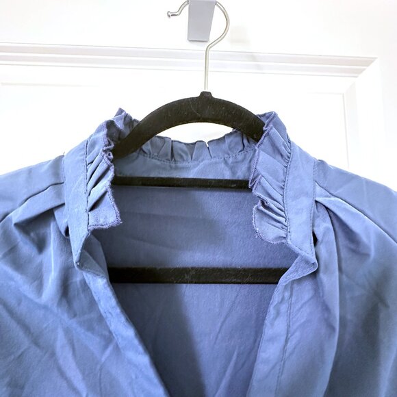 Women's Preppy Navy Blue Ruffle Smock Dress with Long Sleeves Collar - Large - Picture 4 of 5